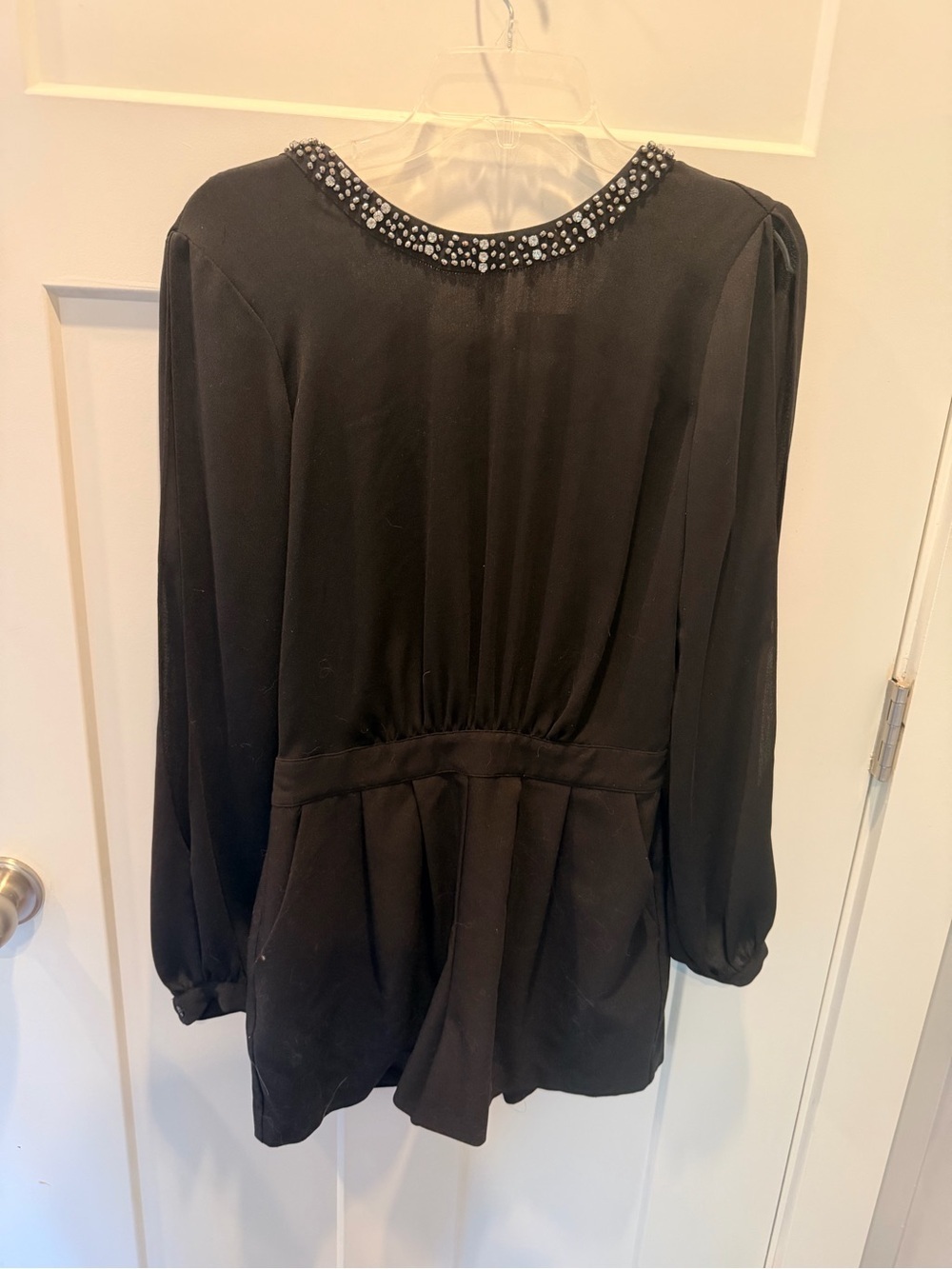 Guess Small Black Rhinestone Beaded Neck Long Sleeve Party Romper